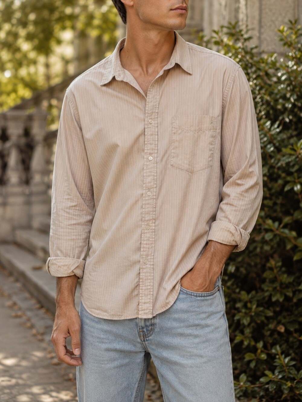 Banana Republic Men’s Tan Beige Pinstripe Cotton Long Sleeve Button Down Shirt